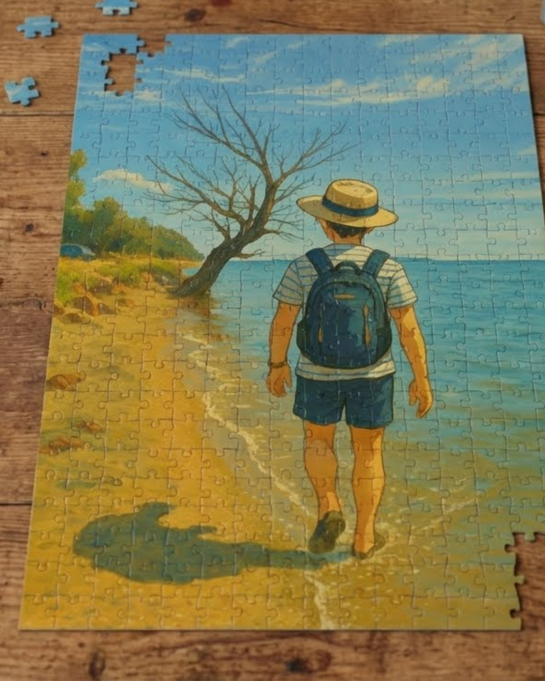 Jigsaw puzzle of a boy walking along a beach with a tree and ocean view.