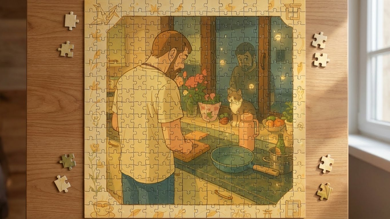 Jigsaw puzzle with a completed scene of a person and cat in a kitchen, surrounded by scattered puzzle pieces.