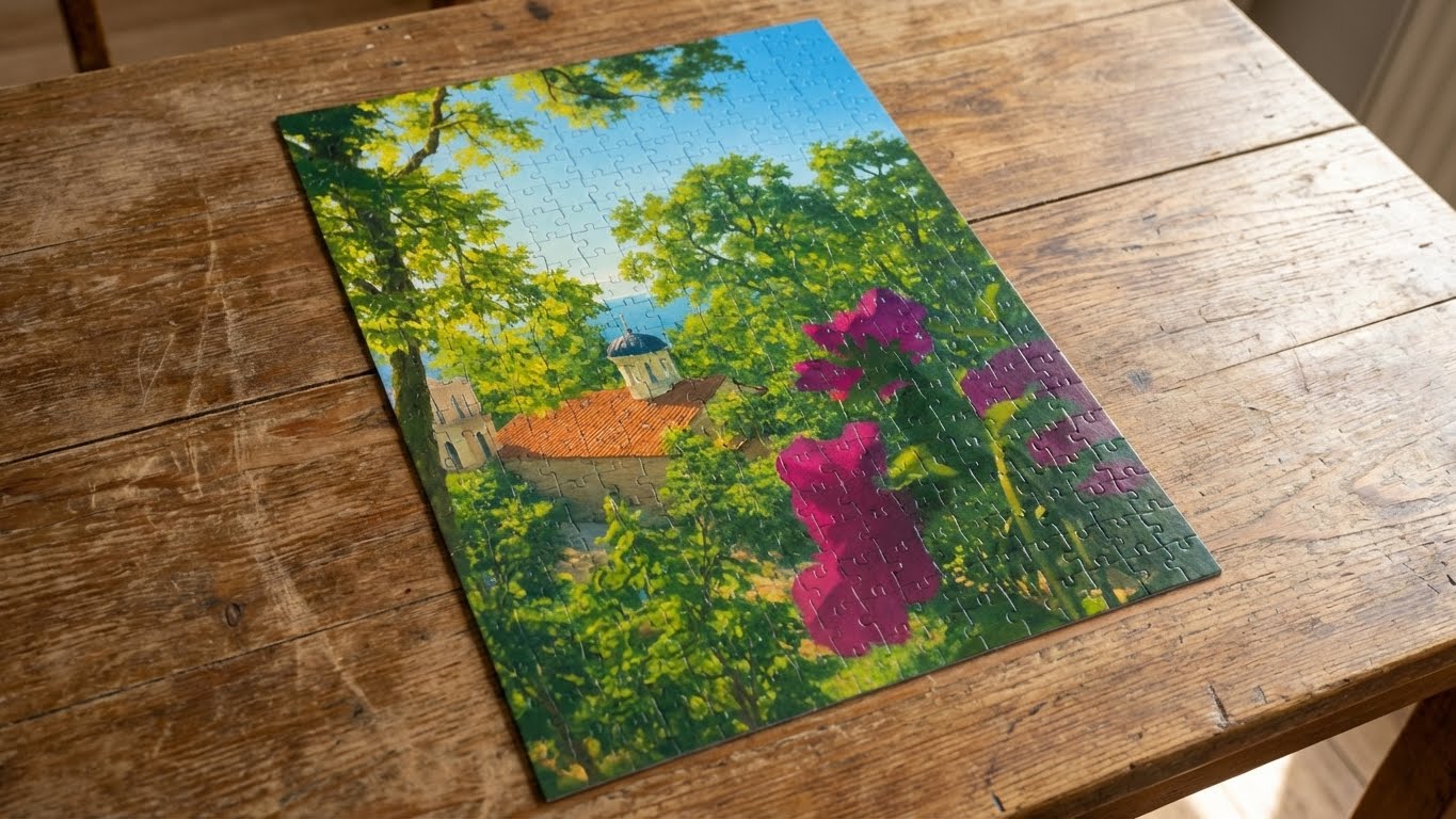 Jigsaw puzzle with a scenic design of a house and trees on a wooden table