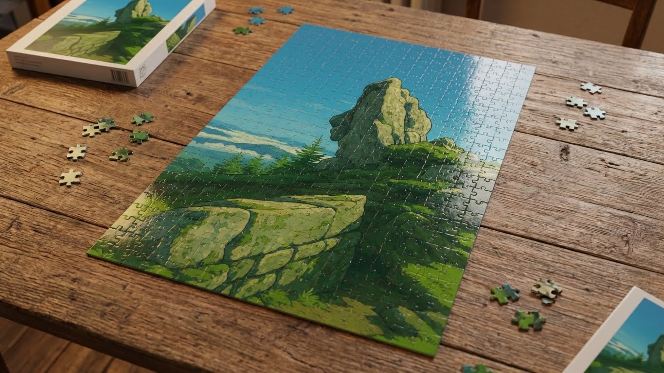 Jigsaw puzzle of a scenic landscape on a wooden table with missing pieces.