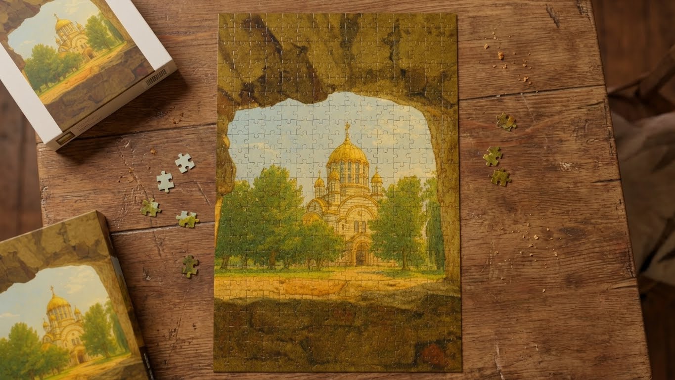 Jigsaw puzzle with a completed piece of a cathedral on a wooden surface